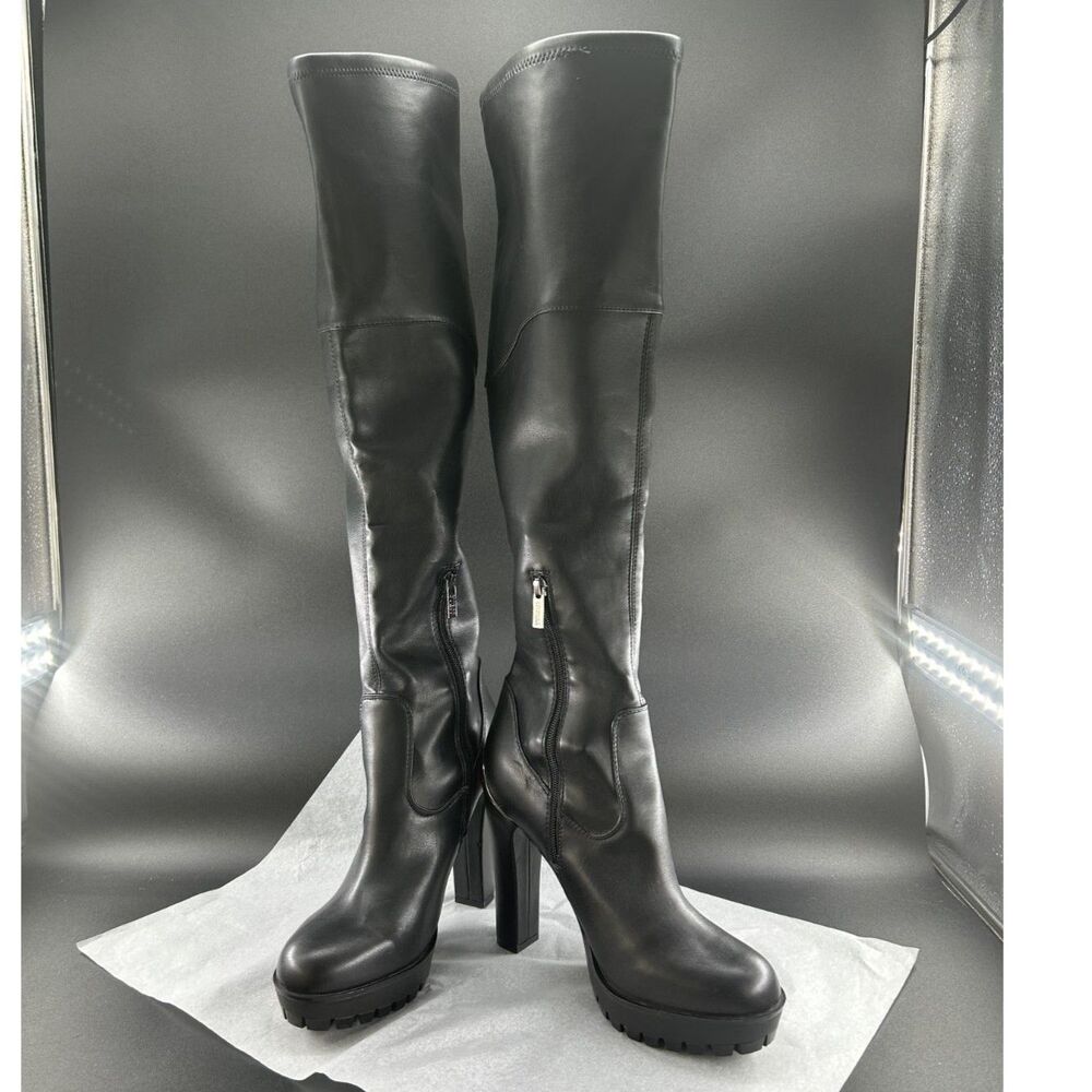 Guess ,Wm, Taylin, Faux Leather, Lug Sole, Thigh-High Boots, Blk, 9 1/2 M, Zip